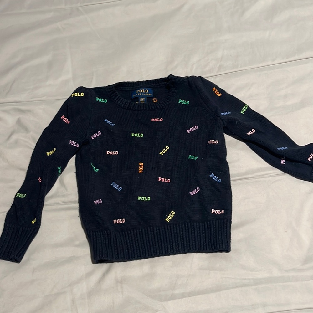 Polo RALPH LAUREN Girls 2T SWEATER Navy All Over MULTI COLOR LOGO Pullover